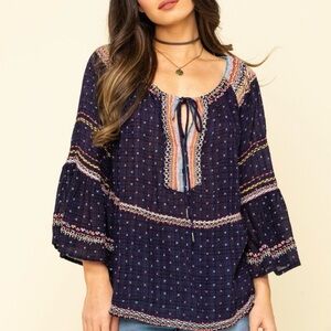 Free People Navy Blouse with Colorful Details